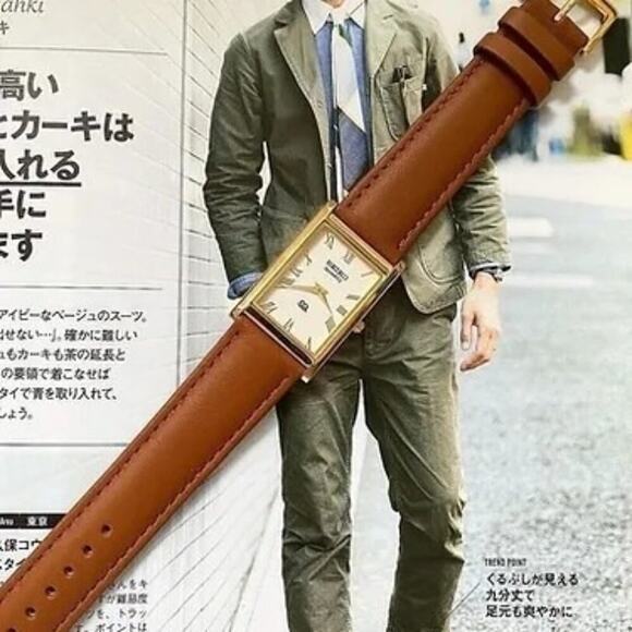 Vintage Style Seiko Quartz Mens Gold Watch & Brown accents W/ Leather Strap - Picture 3 of 4